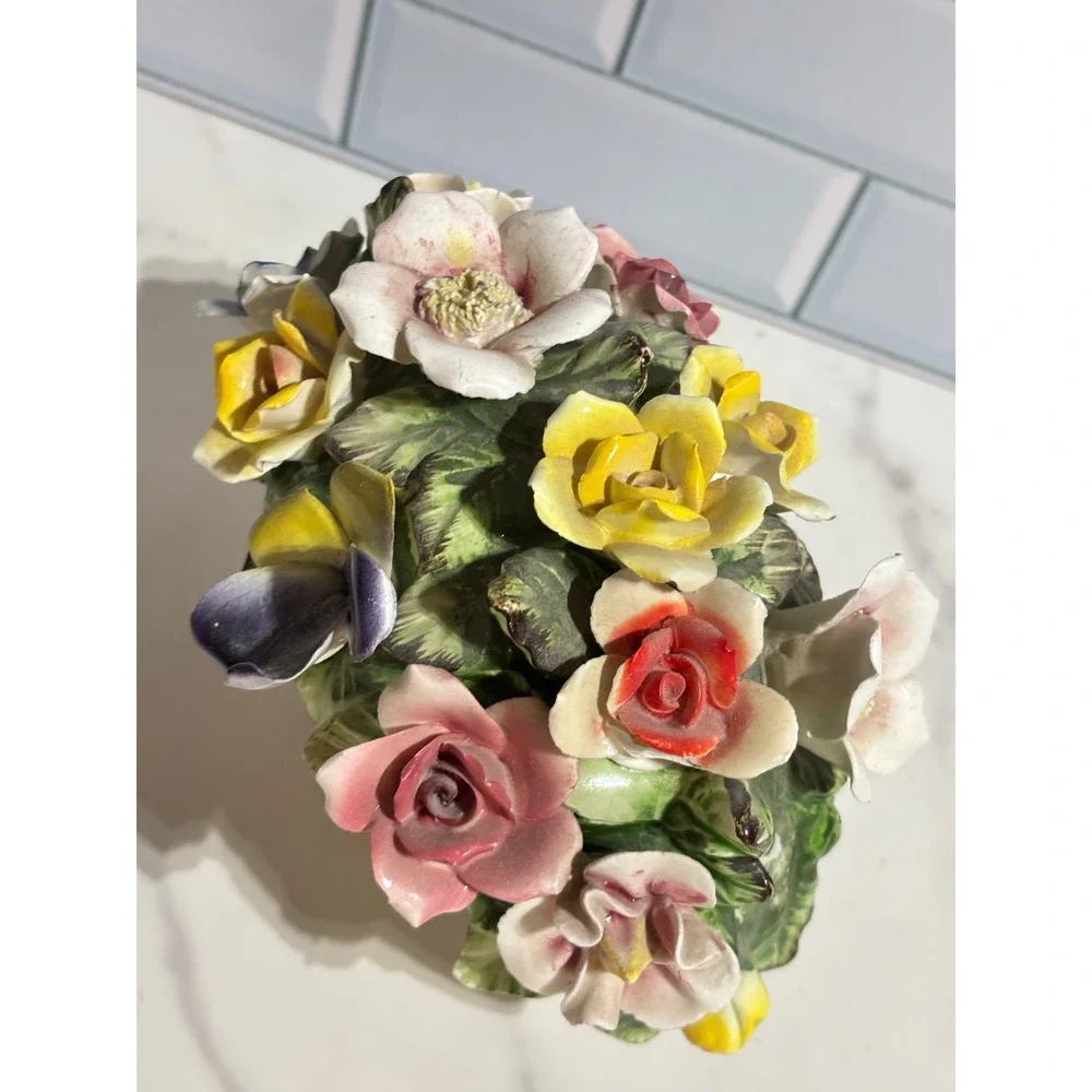Vintage Lefton Porcelain Flower Basket Centerpiece Multi-Color Floral